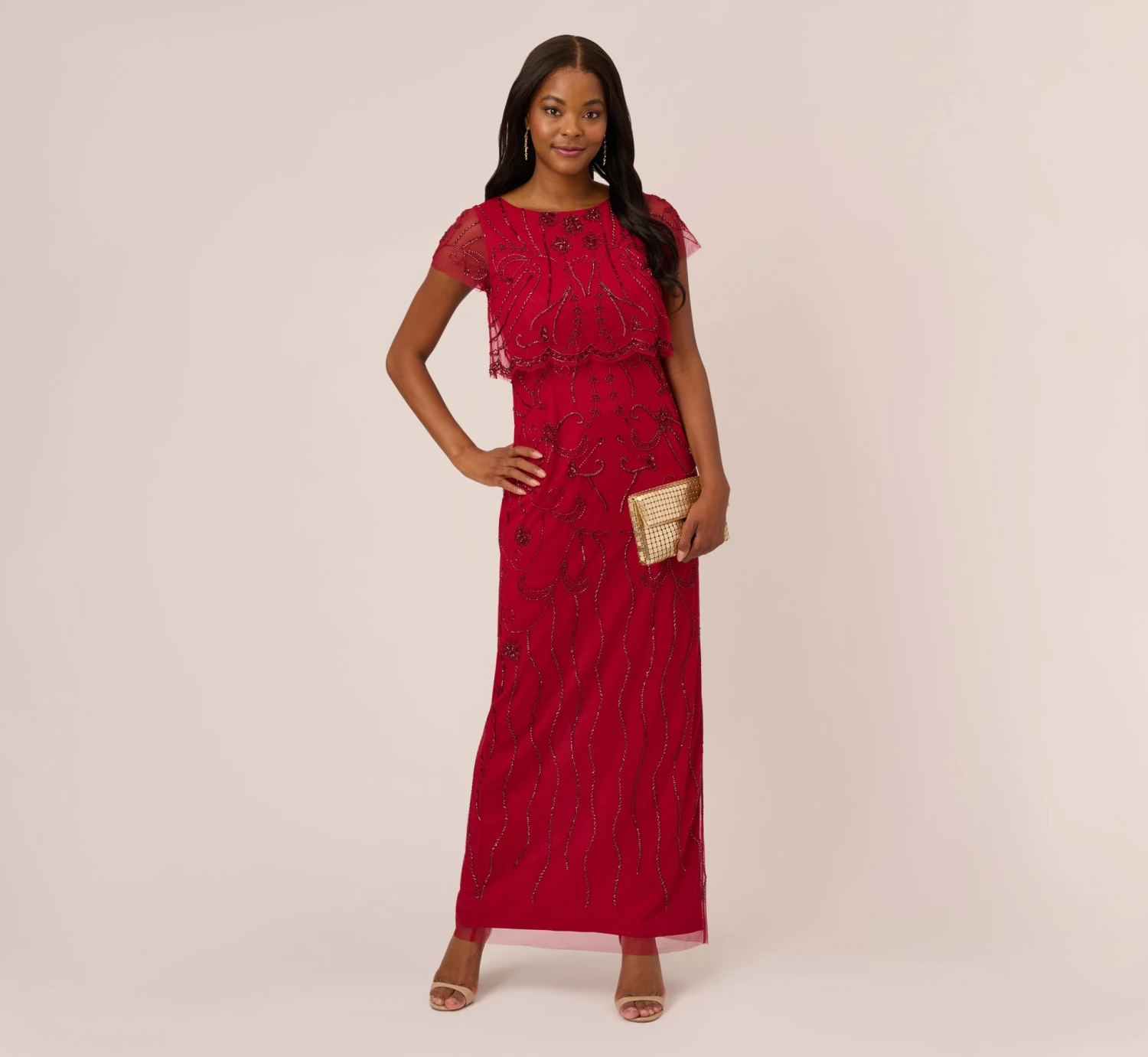 Adrianna Papell Beaded Scalloped Popover Gown With Short Sleeves In Cranberry 2 Adrianna Papell Beaded Scalloped Popover Gown With Short Sleeves In Cranberry - Image 2