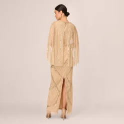 Adrianna Papell Scallop Beaded Cape Column Gown In Gold -Glam Mirth Sales AP1E210818 AA038 Regular Back