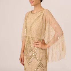 Adrianna Papell Scallop Beaded Cape Column Gown In Gold -Glam Mirth Sales AP1E210818 AA038 Regular Detail