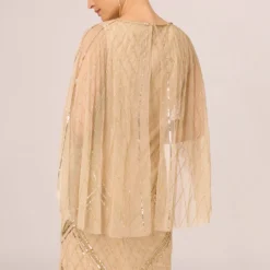 Adrianna Papell Scallop Beaded Cape Column Gown In Gold -Glam Mirth Sales AP1E210818 AA038 Regular Lifestyle