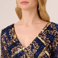 Adrianna Papell Geo Beaded Dress With Three Quarter Sleeves In Black Multi 11 Adrianna Papell Geo Beaded Dress With Three Quarter Sleeves In Black Multi -Glam Mirth Sales AP1E210831 AA963 Regular Detail