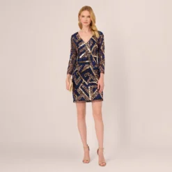 Adrianna Papell Geo Beaded Dress With Three Quarter Sleeves In Black Multi 10 Adrianna Papell Geo Beaded Dress With Three Quarter Sleeves In Black Multi -Glam Mirth Sales AP1E210831 AA963 Regular Side