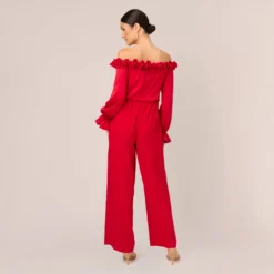 Adrianna Papell Satin Crepe Blouson Jumpsuit With Rosette Trim In Hot Ruby -Glam Mirth Sales AP1E210833 AU610 Regular Back