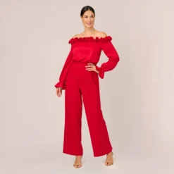 Adrianna Papell Satin Crepe Blouson Jumpsuit With Rosette Trim In Hot Ruby