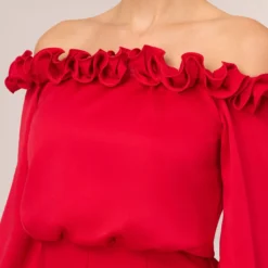 Adrianna Papell Satin Crepe Blouson Jumpsuit With Rosette Trim In Hot Ruby -Glam Mirth Sales AP1E210833 AU610 Regular Detail