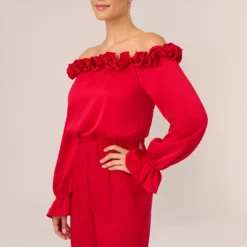 Adrianna Papell Satin Crepe Blouson Jumpsuit With Rosette Trim In Hot Ruby -Glam Mirth Sales AP1E210833 AU610 Regular Lifestyle