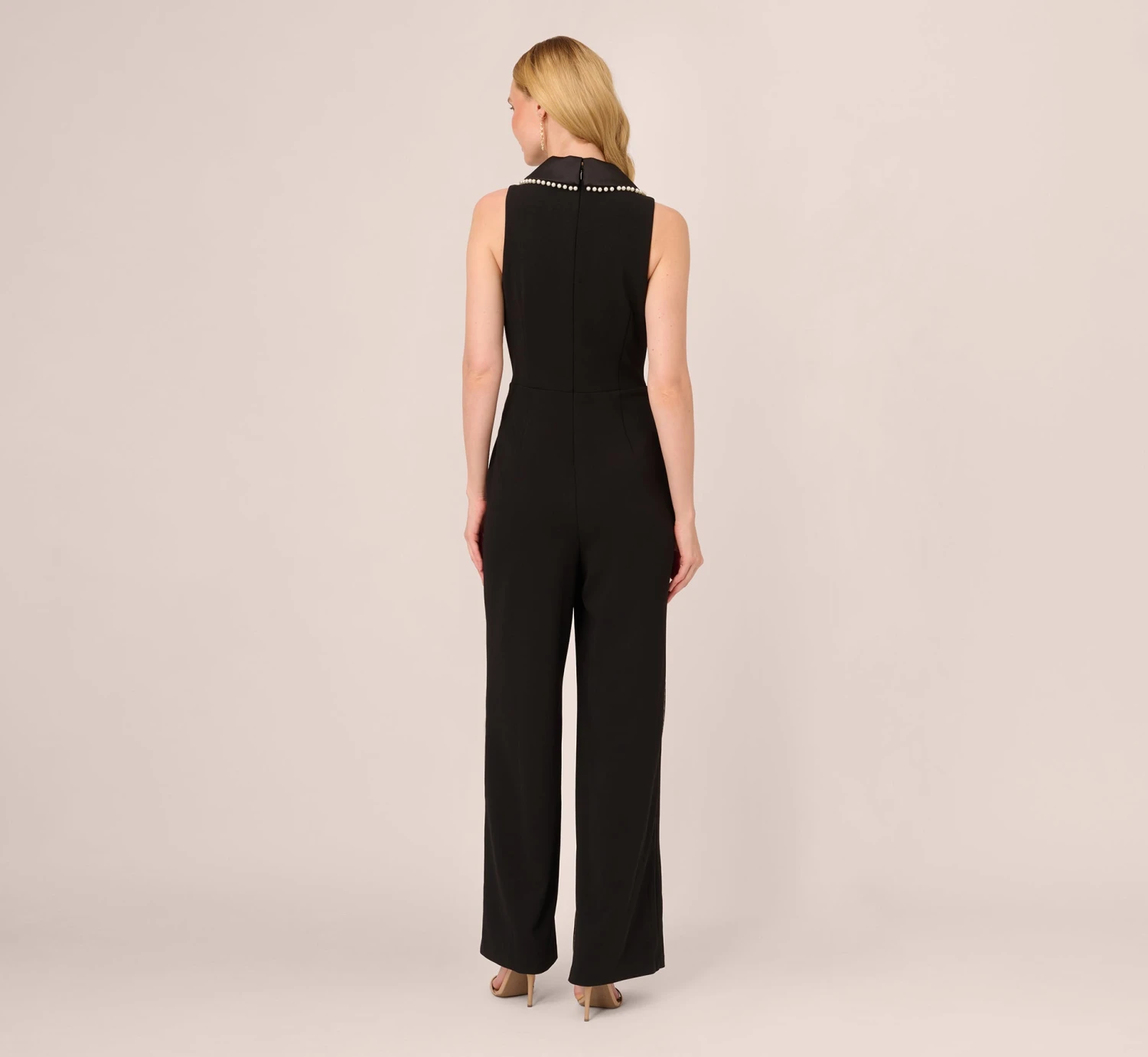 Adrianna Papell Sleeveless Crepe Tuxedo Jumpsuit With Pearl Trim In Black 5 Adrianna Papell Sleeveless Crepe Tuxedo Jumpsuit With Pearl Trim In Black - Image 5