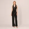 Adrianna Papell Sleeveless Crepe Tuxedo Jumpsuit With Pearl Trim In Black