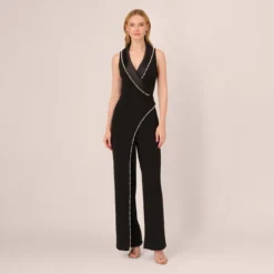 Adrianna Papell Sleeveless Crepe Tuxedo Jumpsuit With Pearl Trim In Black