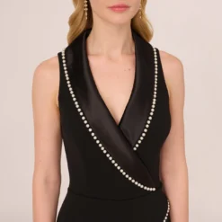 Adrianna Papell Sleeveless Crepe Tuxedo Jumpsuit With Pearl Trim In Black 8 Adrianna Papell Sleeveless Crepe Tuxedo Jumpsuit With Pearl Trim In Black -Glam Mirth Sales AP1E210836 AA002 Regular Detail