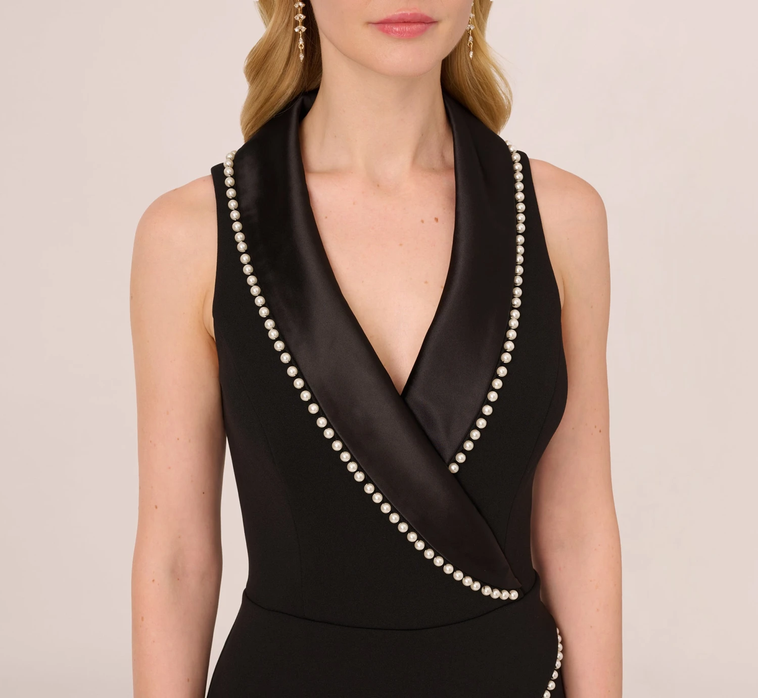 Adrianna Papell Sleeveless Crepe Tuxedo Jumpsuit With Pearl Trim In Black 3 Adrianna Papell Sleeveless Crepe Tuxedo Jumpsuit With Pearl Trim In Black - Image 3