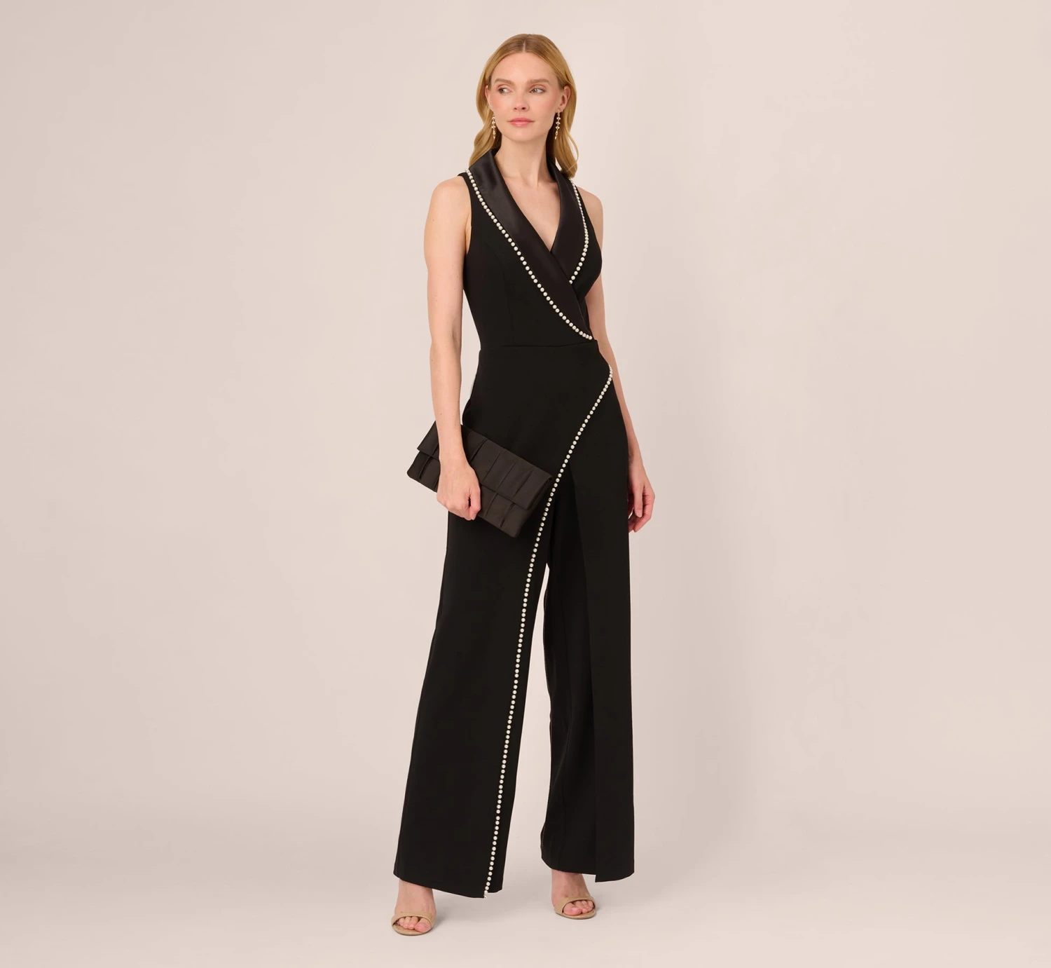 Adrianna Papell Sleeveless Crepe Tuxedo Jumpsuit With Pearl Trim In Black 2 Adrianna Papell Sleeveless Crepe Tuxedo Jumpsuit With Pearl Trim In Black - Image 2