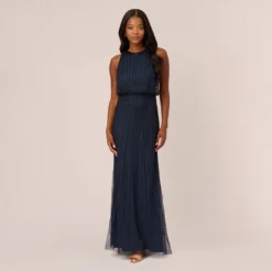 Adrianna Papell Line Beaded Blouson Mermaid Gown With Halter Neckline In Navy Black