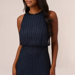 Adrianna Papell Line Beaded Blouson Mermaid Gown With Halter Neckline In Navy Black -Glam Mirth Sales AP1E210842 AB410 Regular Detail