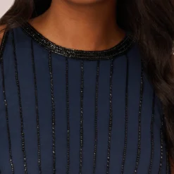 Adrianna Papell Line Beaded Blouson Mermaid Gown With Halter Neckline In Navy Black -Glam Mirth Sales AP1E210842 AB410 Regular Lifestyle