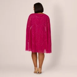 Adrianna Papell Plus Size Sequin Beaded Cape Dress With Illusion Neckline In Hot Orchid -Glam Mirth Sales AP1E210846 BA670 Plus Back