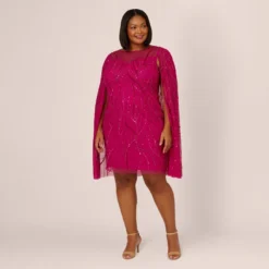 Adrianna Papell Plus Size Sequin Beaded Cape Dress With Illusion Neckline In Hot Orchid -Glam Mirth Sales AP1E210846 BA670 Plus Front
