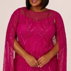 Adrianna Papell Plus Size Sequin Beaded Cape Dress With Illusion Neckline In Hot Orchid -Glam Mirth Sales AP1E210846 BA670 Plus Lifestyle
