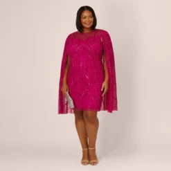 Adrianna Papell Plus Size Sequin Beaded Cape Dress With Illusion Neckline In Hot Orchid -Glam Mirth Sales AP1E210846 BA670 Plus Side