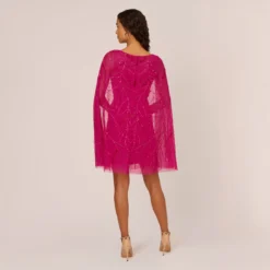 Adrianna Papell Sequin Beaded Cape Dress With Illusion Neckline In Hot Orchid 12 Adrianna Papell Sequin Beaded Cape Dress With Illusion Neckline In Hot Orchid -Glam Mirth Sales AP1E210846 BA670 Regular Back