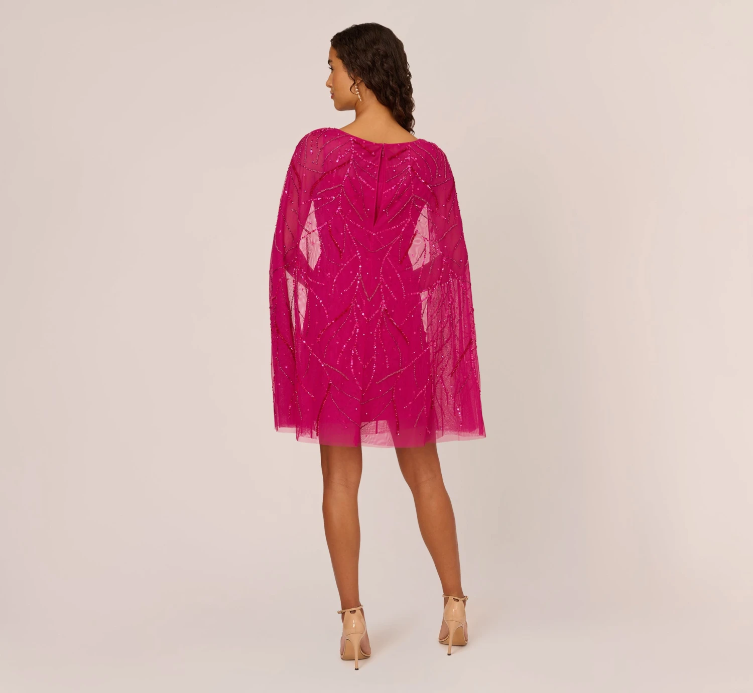 Adrianna Papell Sequin Beaded Cape Dress With Illusion Neckline In Hot Orchid 5 Adrianna Papell Sequin Beaded Cape Dress With Illusion Neckline In Hot Orchid - Image 5