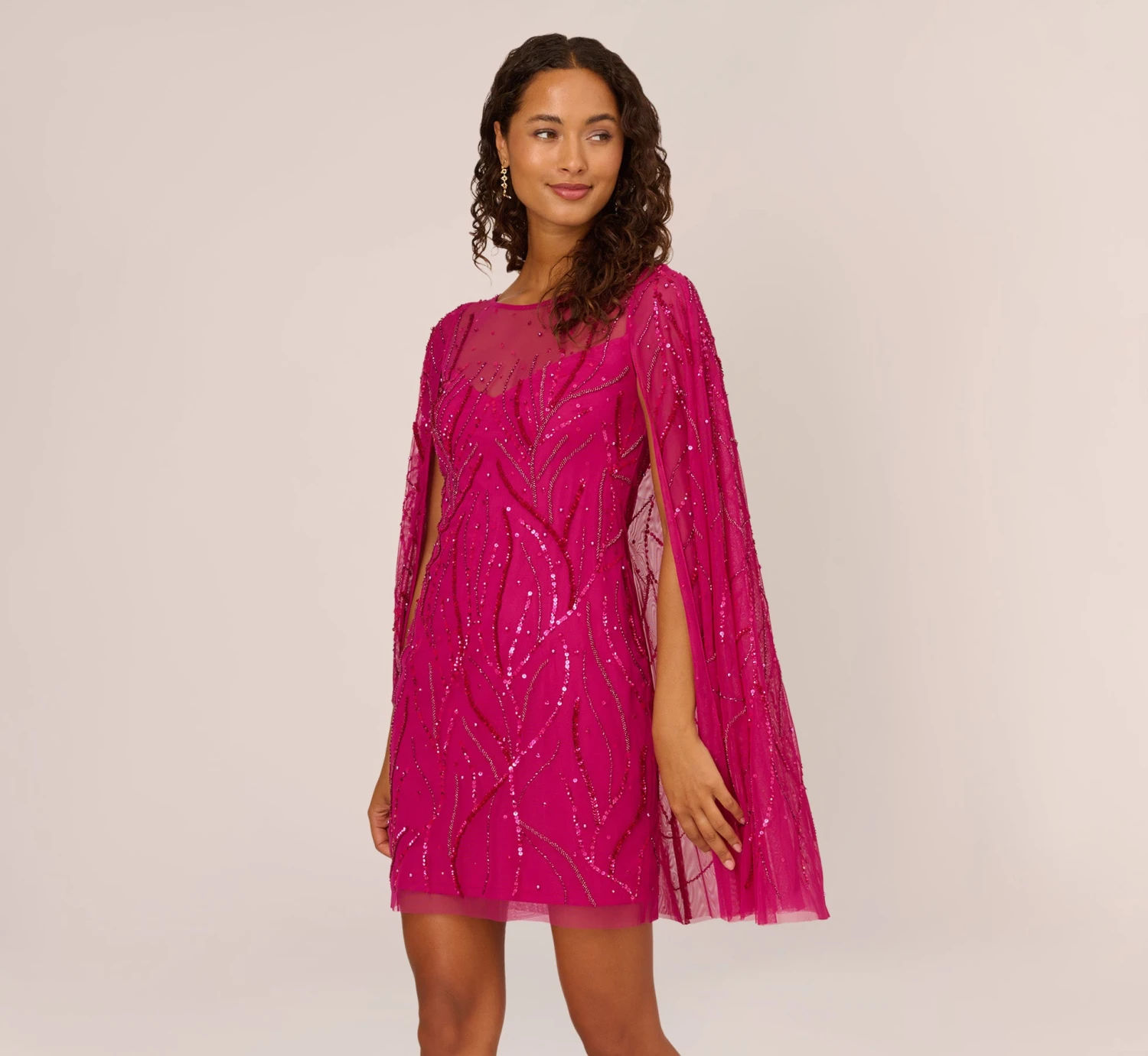 Adrianna Papell Sequin Beaded Cape Dress With Illusion Neckline In Hot Orchid 2 Adrianna Papell Sequin Beaded Cape Dress With Illusion Neckline In Hot Orchid - Image 2
