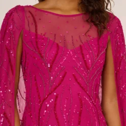Adrianna Papell Sequin Beaded Cape Dress With Illusion Neckline In Hot Orchid 11 Adrianna Papell Sequin Beaded Cape Dress With Illusion Neckline In Hot Orchid -Glam Mirth Sales AP1E210846 BA670 Regular Detail