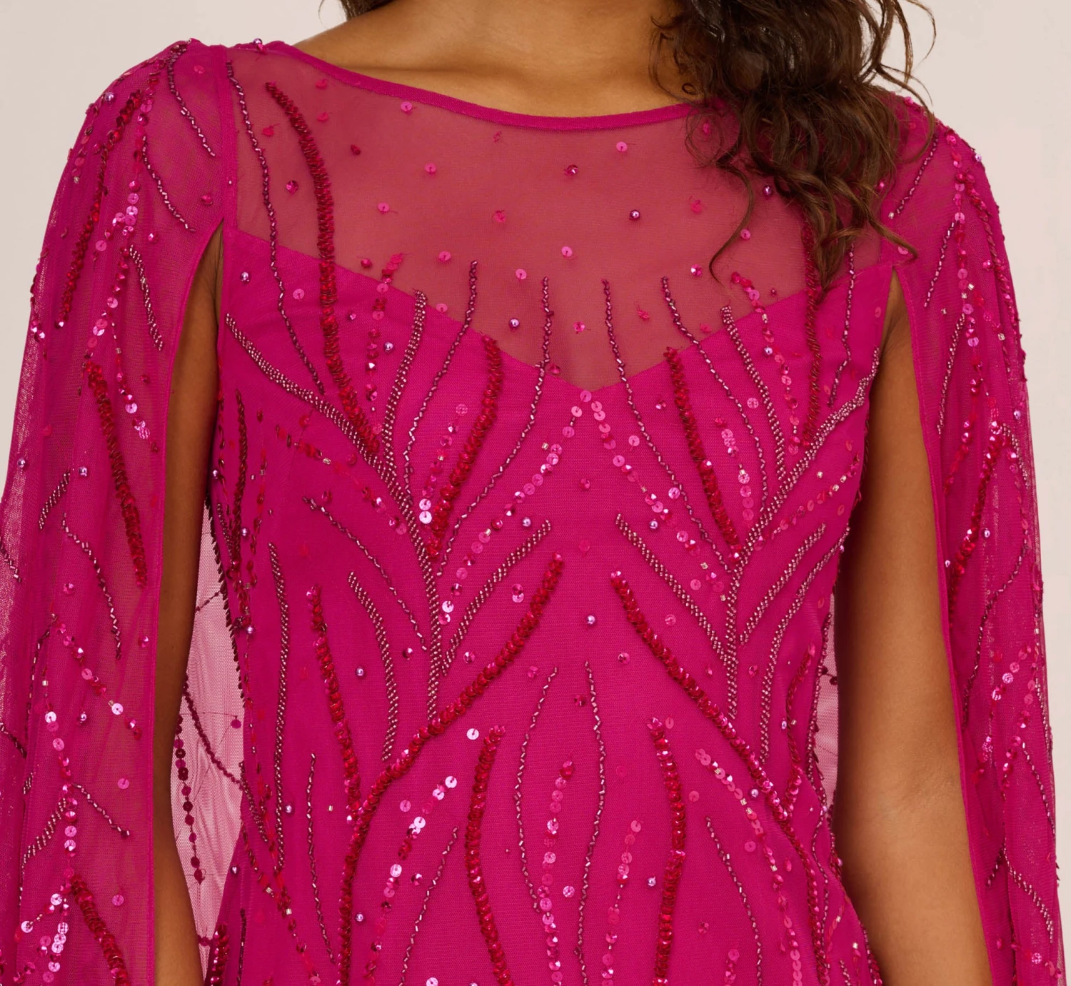 Adrianna Papell Sequin Beaded Cape Dress With Illusion Neckline In Hot Orchid 4 Adrianna Papell Sequin Beaded Cape Dress With Illusion Neckline In Hot Orchid - Image 4