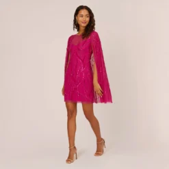 Adrianna Papell Sequin Beaded Cape Dress With Illusion Neckline In Hot Orchid 15 Adrianna Papell Sequin Beaded Cape Dress With Illusion Neckline In Hot Orchid -Glam Mirth Sales AP1E210846 BA670 Regular Front