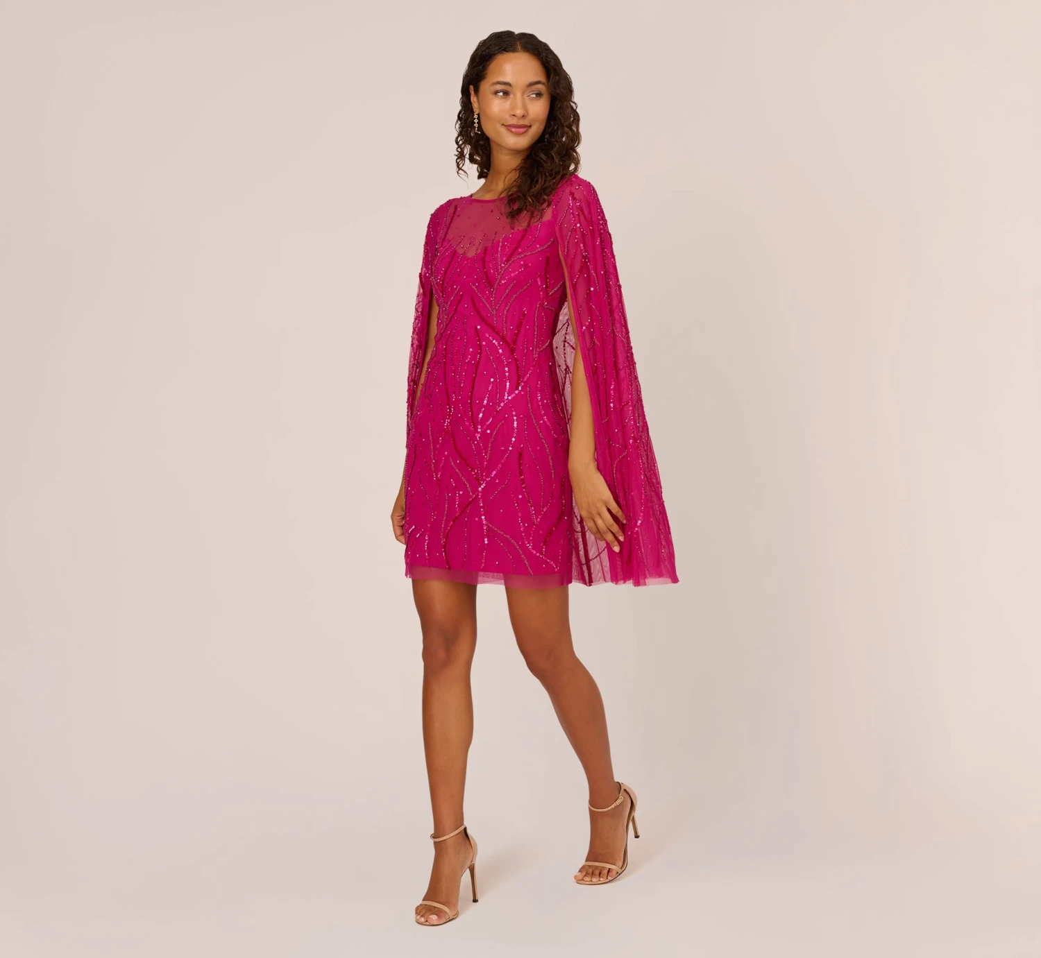 Adrianna Papell Sequin Beaded Cape Dress With Illusion Neckline In Hot Orchid 8 Adrianna Papell Sequin Beaded Cape Dress With Illusion Neckline In Hot Orchid - Image 8