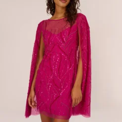 Adrianna Papell Sequin Beaded Cape Dress With Illusion Neckline In Hot Orchid 13 Adrianna Papell Sequin Beaded Cape Dress With Illusion Neckline In Hot Orchid -Glam Mirth Sales AP1E210846 BA670 Regular Lifestyle