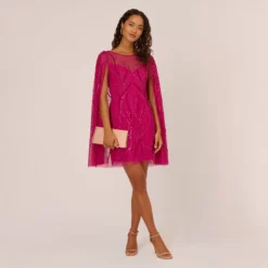 Adrianna Papell Sequin Beaded Cape Dress With Illusion Neckline In Hot Orchid 10 Adrianna Papell Sequin Beaded Cape Dress With Illusion Neckline In Hot Orchid -Glam Mirth Sales AP1E210846 BA670 Regular Side