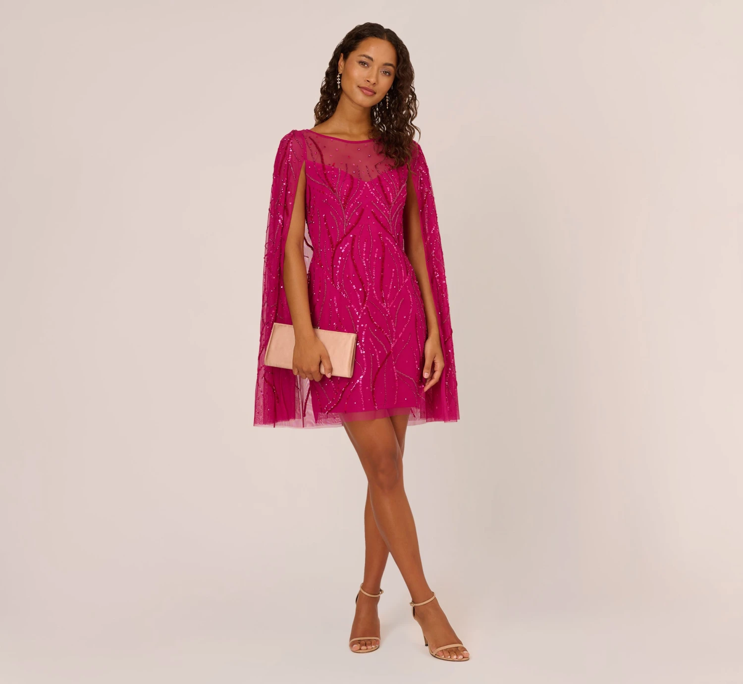 Adrianna Papell Sequin Beaded Cape Dress With Illusion Neckline In Hot Orchid 3 Adrianna Papell Sequin Beaded Cape Dress With Illusion Neckline In Hot Orchid - Image 3