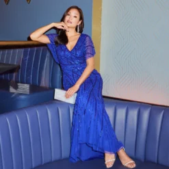 Adrianna Papell Beaded Mermaid Gown With Dolman Sleeves In Ultra Blue