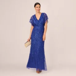 Adrianna Papell Beaded Mermaid Gown With Dolman Sleeves In Ultra Blue 9 Adrianna Papell Beaded Mermaid Gown With Dolman Sleeves In Ultra Blue -Glam Mirth Sales AP1E210884 AZ401 Regular Detail