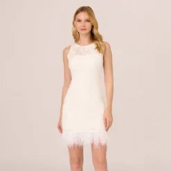 Adrianna Papell Sleeveless Floral Lace Dress With Feather Trim In Ivory