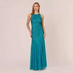 Adrianna Papell Beaded Halter Gown With Godet Skirt In Teal