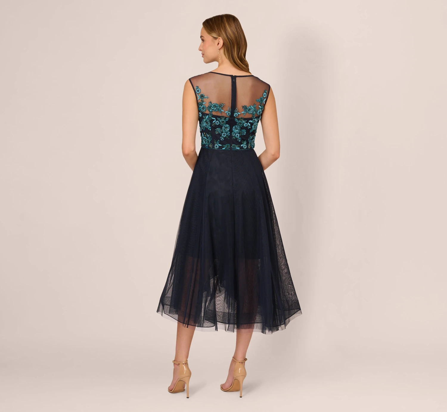 Adrianna Papell Beaded Midi Dress With Tulle Skirt In Midnight Multi 4 Adrianna Papell Beaded Midi Dress With Tulle Skirt In Midnight Multi - Image 4