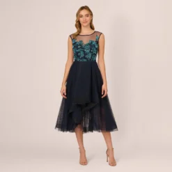 Adrianna Papell Beaded Midi Dress With Tulle Skirt In Midnight Multi