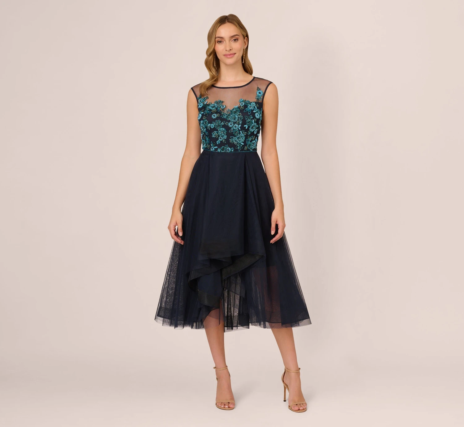 Adrianna Papell Beaded Midi Dress With Tulle Skirt In Midnight Multi 1 Adrianna Papell Beaded Midi Dress With Tulle Skirt In Midnight Multi