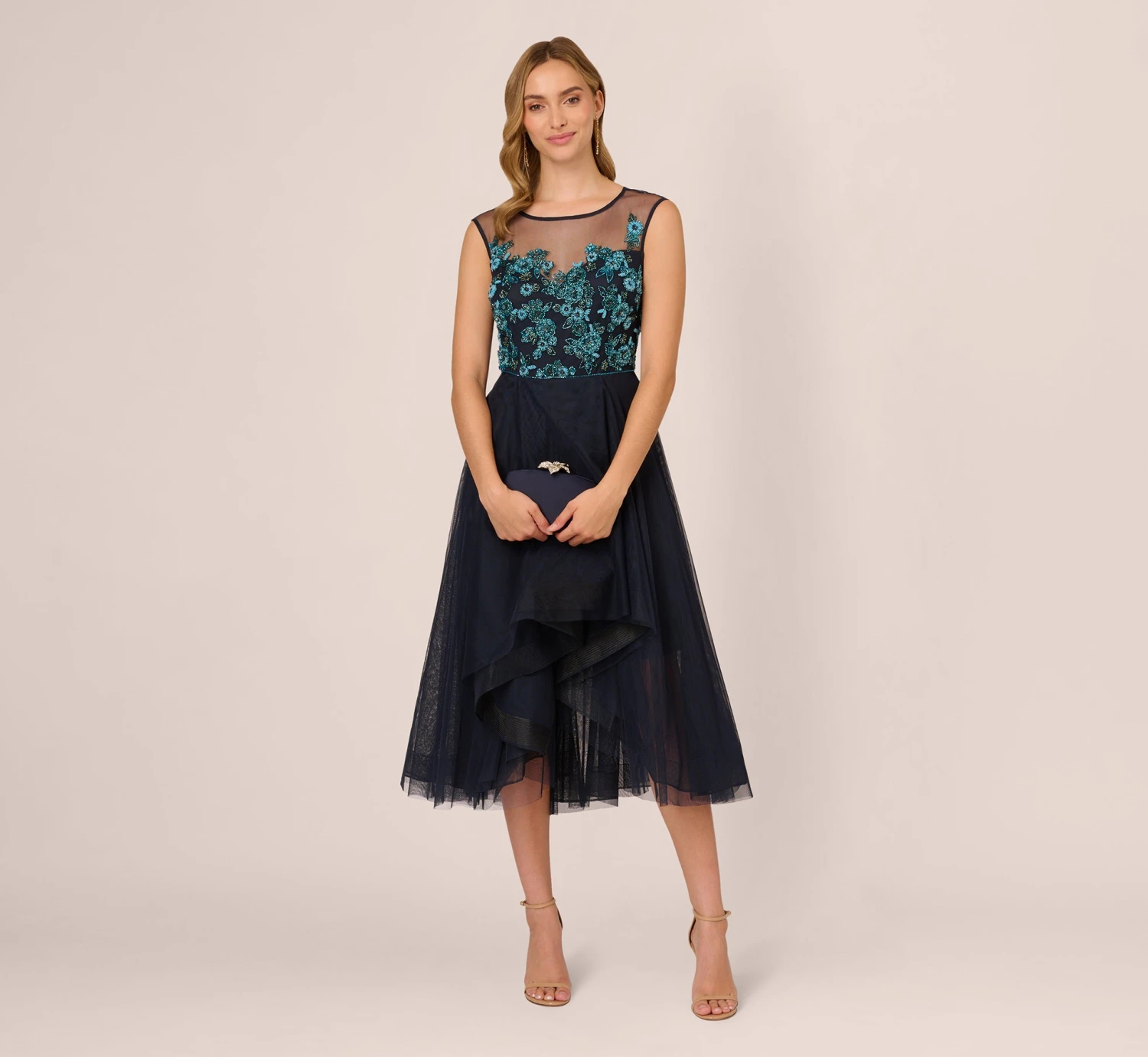 Adrianna Papell Beaded Midi Dress With Tulle Skirt In Midnight Multi 2 Adrianna Papell Beaded Midi Dress With Tulle Skirt In Midnight Multi - Image 2