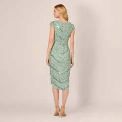 Adrianna Papell Beaded Faux Wrap Dress With Sheer Cap Sleeves In Icy Sage 10 Adrianna Papell Beaded Faux Wrap Dress With Sheer Cap Sleeves In Icy Sage -Glam Mirth Sales AP1E210922 AB334 Regular Back