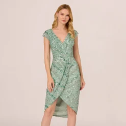 Adrianna Papell Beaded Faux Wrap Dress With Sheer Cap Sleeves In Icy Sage