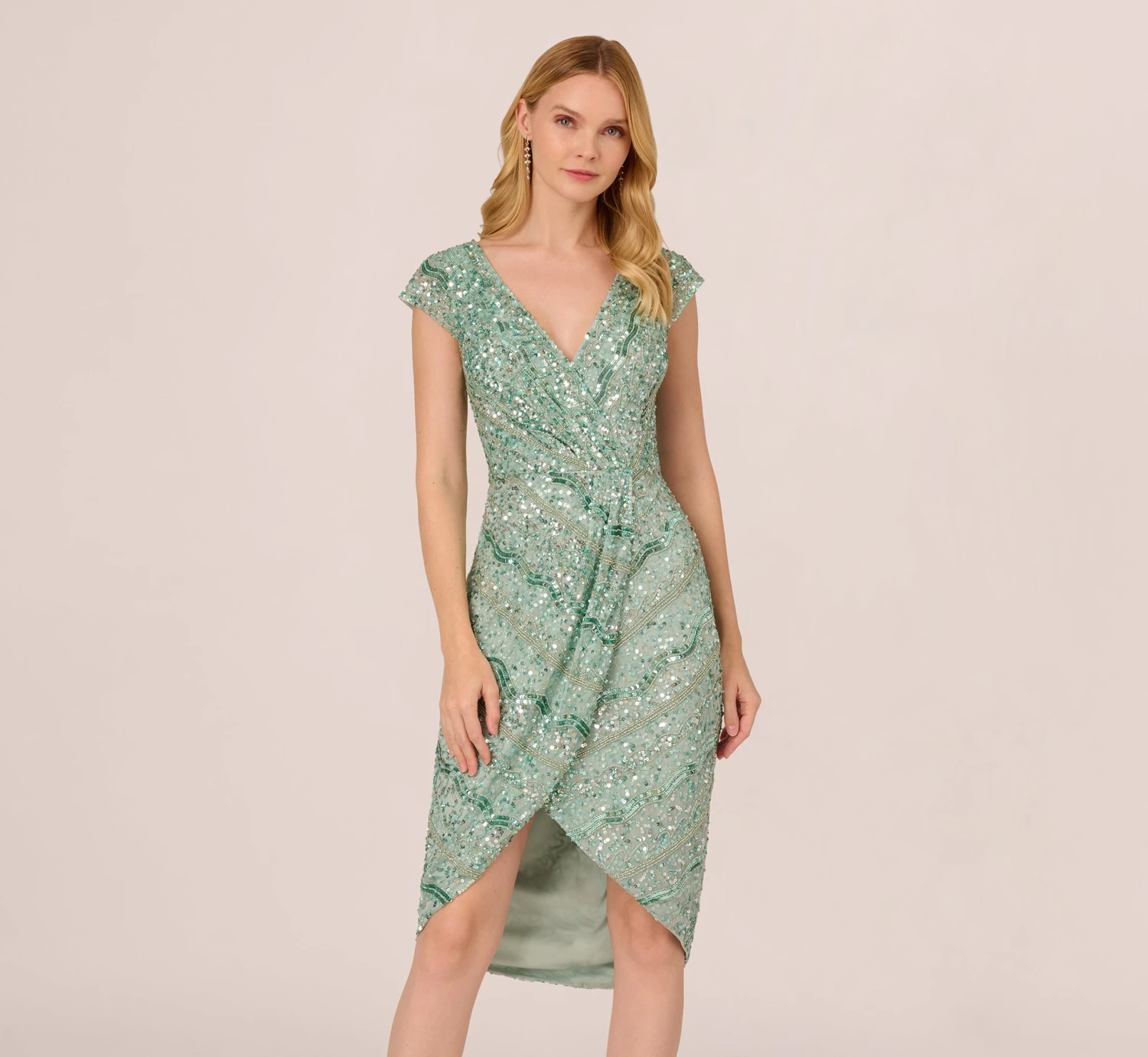 Adrianna Papell Beaded Faux Wrap Dress With Sheer Cap Sleeves In Icy Sage 1 Adrianna Papell Beaded Faux Wrap Dress With Sheer Cap Sleeves In Icy Sage