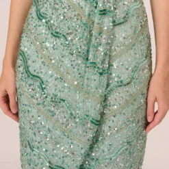 Adrianna Papell Beaded Faux Wrap Dress With Sheer Cap Sleeves In Icy Sage 9 Adrianna Papell Beaded Faux Wrap Dress With Sheer Cap Sleeves In Icy Sage -Glam Mirth Sales AP1E210922 AB334 Regular Detail