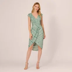 Adrianna Papell Beaded Faux Wrap Dress With Sheer Cap Sleeves In Icy Sage 12 Adrianna Papell Beaded Faux Wrap Dress With Sheer Cap Sleeves In Icy Sage -Glam Mirth Sales AP1E210922 AB334 Regular Front