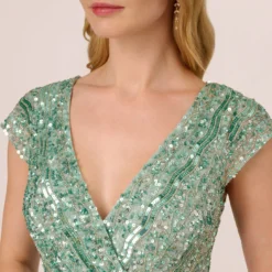 Adrianna Papell Beaded Faux Wrap Dress With Sheer Cap Sleeves In Icy Sage 11 Adrianna Papell Beaded Faux Wrap Dress With Sheer Cap Sleeves In Icy Sage -Glam Mirth Sales AP1E210922 AB334 Regular Lifestyle