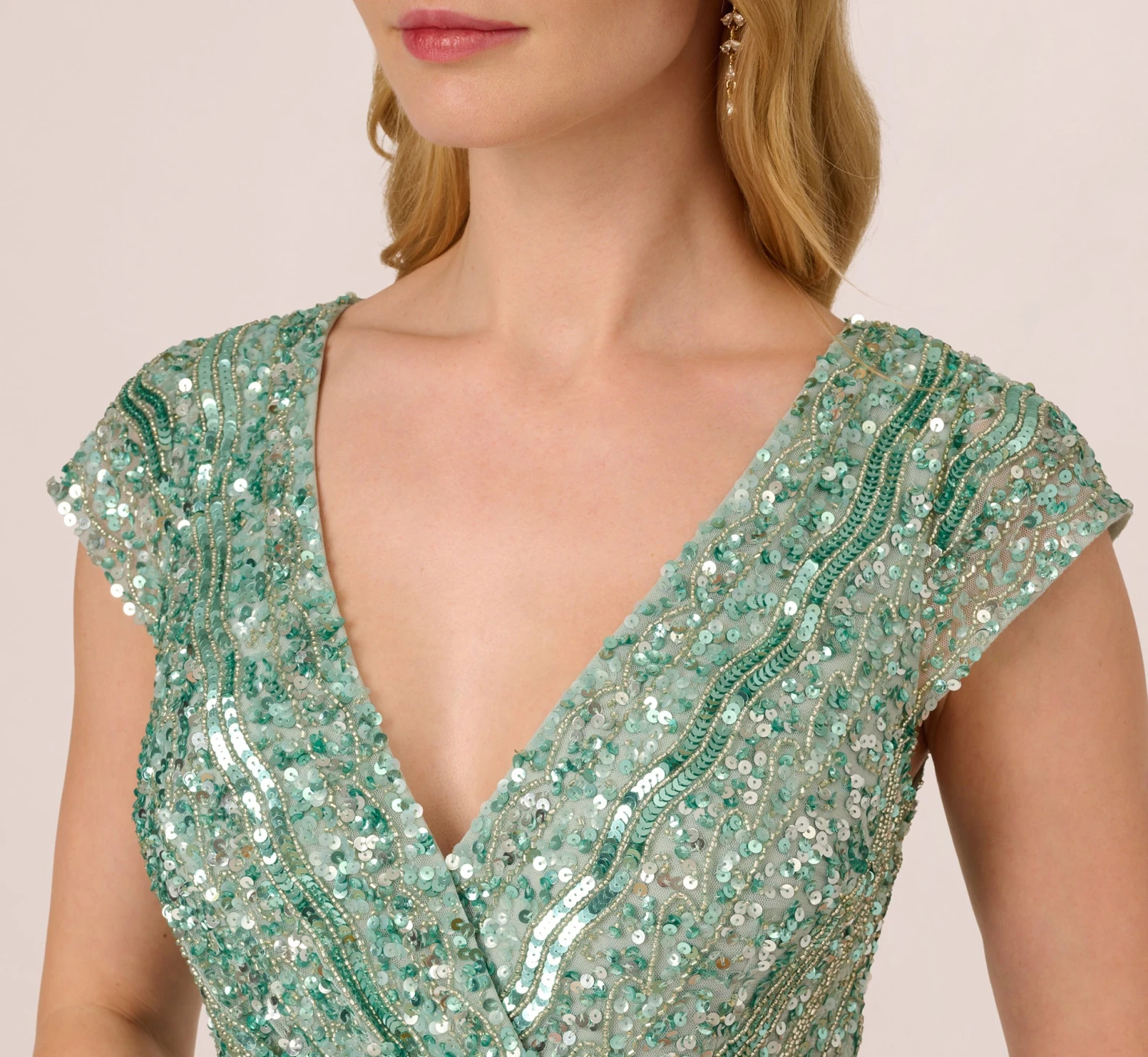 Adrianna Papell Beaded Faux Wrap Dress With Sheer Cap Sleeves In Icy Sage 5 Adrianna Papell Beaded Faux Wrap Dress With Sheer Cap Sleeves In Icy Sage - Image 5