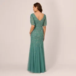 Adrianna Papell Beaded Mermaid Gown With Sheer Petal Sleeves In Green Slate 10 Adrianna Papell Beaded Mermaid Gown With Sheer Petal Sleeves In Green Slate -Glam Mirth Sales AP1E210923 AA355 Regular Back