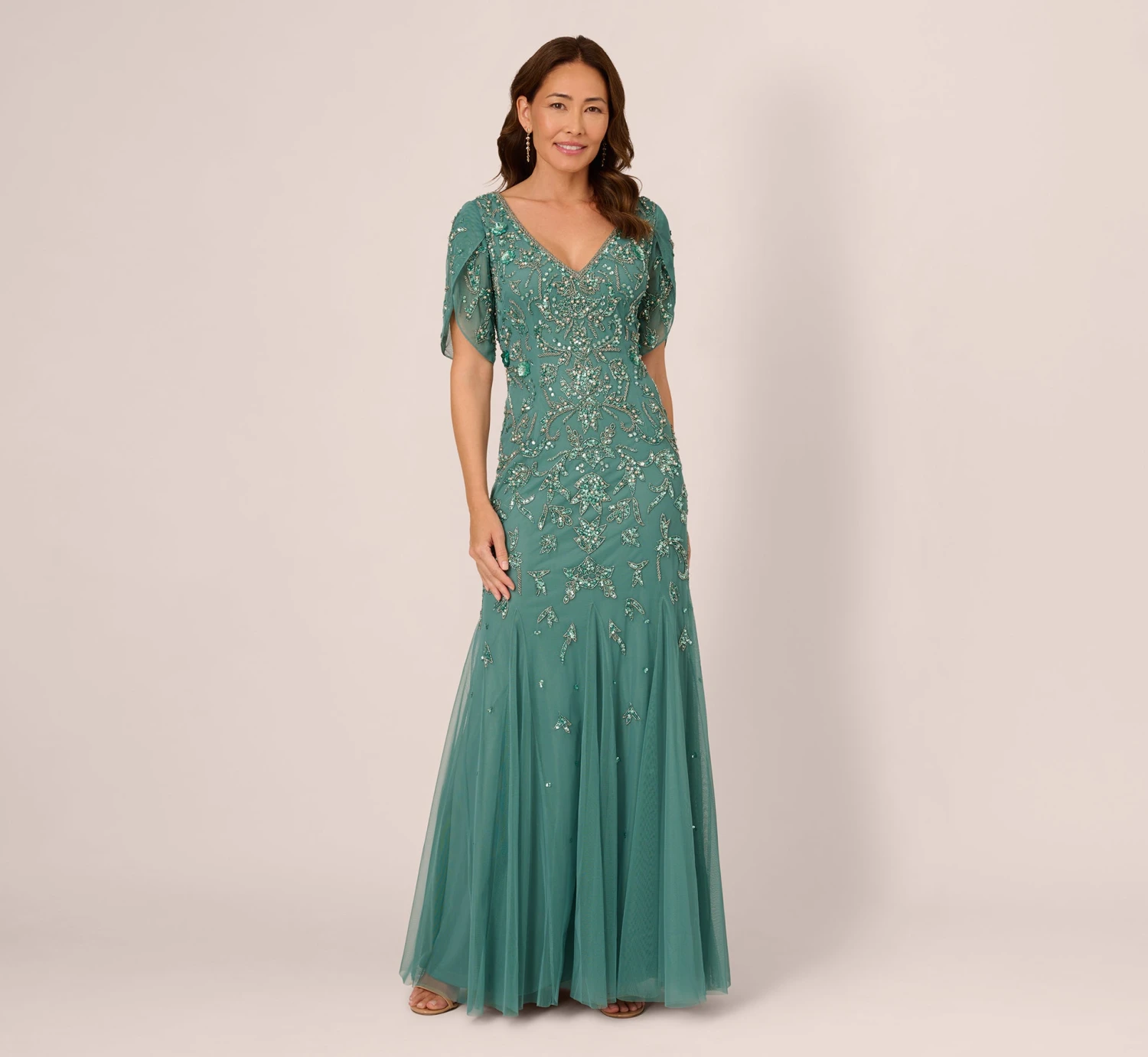 Adrianna Papell Beaded Mermaid Gown With Sheer Petal Sleeves In Green Slate 1 Adrianna Papell Beaded Mermaid Gown With Sheer Petal Sleeves In Green Slate